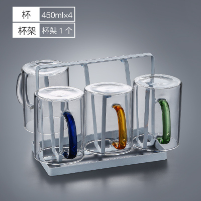 家用简约玻璃杯带把手大容量透明耐热客厅喝水杯牛奶泡茶杯子套装 简约杯450ML(4只混色装)+杯架