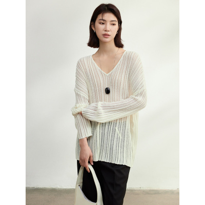 和纸纱系带镂空V领针织衫女内搭天丝长袖T恤新款松弛感春季上衣女