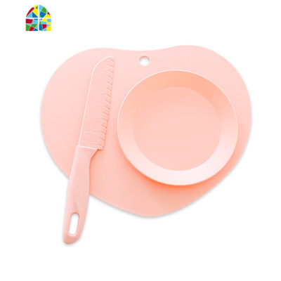 儿童塑料水果刀砧板幼儿安全案板教学厨房不伤手小刀宝宝菜板玩具 FENGHOU 淡粉色水滴+刀+大碟+叉