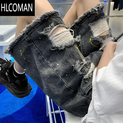 HLCOMAN美式薄款牛仔短裤男款夏季2024新款潮牌宽松大码破洞五分裤