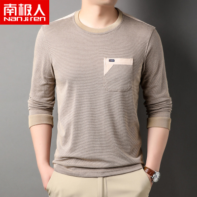 南极人男士长袖T恤真口袋休闲宽松圆领中年爸爸打底衫真口袋上衣