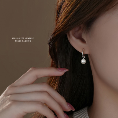 s925纯银圆珠耳环法式复古耳扣女简约轻奢高级感合成珍珠耳圈耳饰送女朋友老婆情人节七夕生日礼物