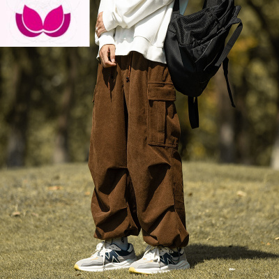 七斓日系复古棕色灯芯绒cityboy裤子男宽松大码抽绳束脚工装裤