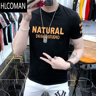 HLCOMAN夏季短袖t恤男士上衣字母印花体恤网红修身帅气百搭半袖潮牌型男