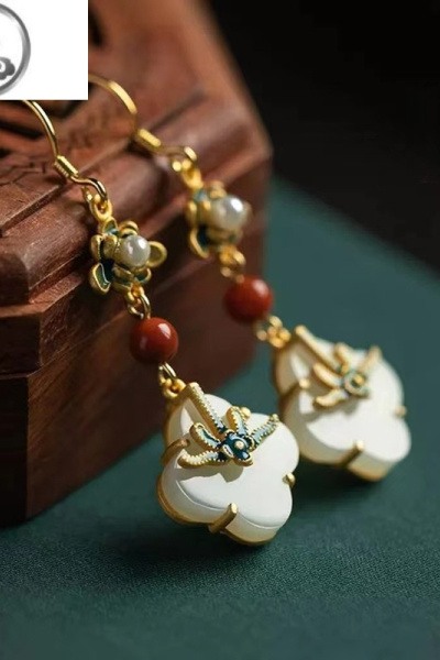 JiMi和田白玉四叶草S925银耳环东方古典彩绘南红珐琅彩绘耳坠中式旗袍