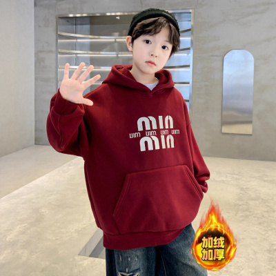 男童加绒卫衣秋冬款新款加厚安哥拉红年服儿童一体绒打底衫潮