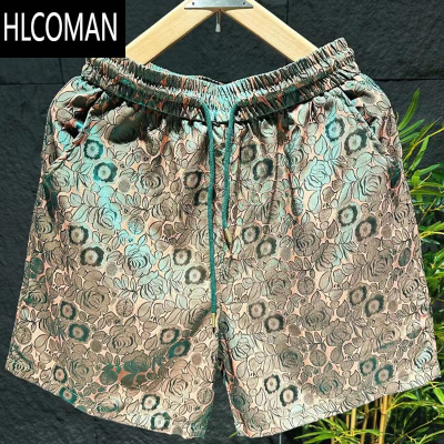 HLCOMAN夏季新款男士潮流民族风镭射暗花时尚冰丝短裤个性提花五分沙滩裤