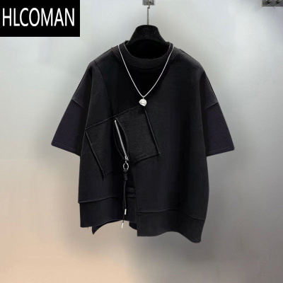 HLCOMAN夏季潮牌短袖t恤男ins百搭拉链拼接设计宽松男生衣服半袖潮流帅气