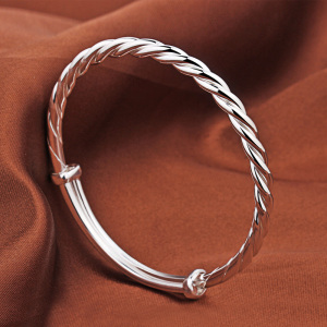 爱交织银手镯9999纯银女手工编织推拉麻花可调节银镯子光面银手环送女朋友老婆情人节七夕生日礼物 均色