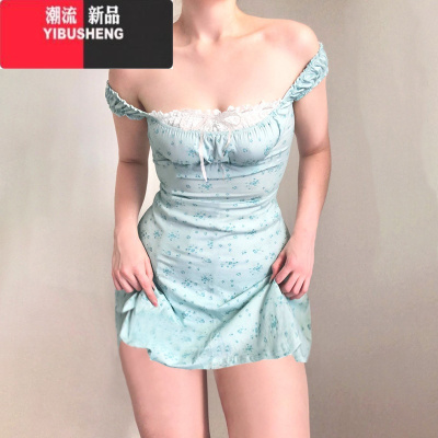 YIBUSHENG法式露肩碎花连衣裙女蕾丝拼接甜辣风欧美小个子短裙子