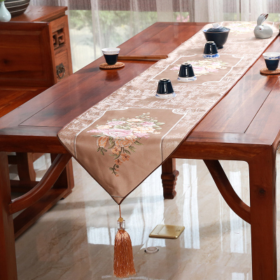 新中式禅意桌旗茶几餐桌装饰布长条北欧现代简约电视柜五斗柜盖 映满帘-香槟 33*160cm(适用桌长1.1米-1.2米)