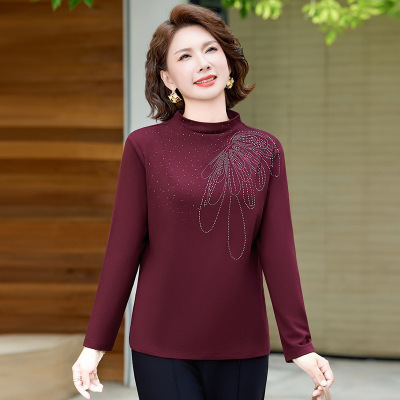50岁妈妈装加绒保暖打底衫大码修身中老年女装40岁冬装内搭烫钻女