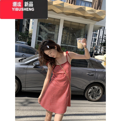 YIBUSHENG馨帮帮 自制甜酷系带内搭叠穿裙子2024新款红色格纹吊带连衣裙女