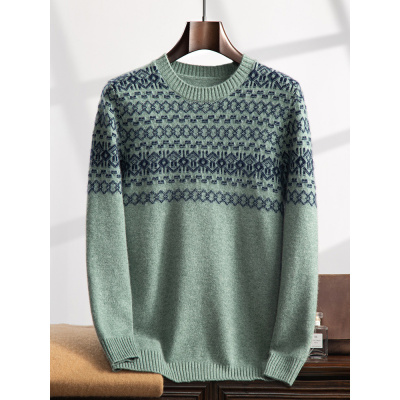 山羊绒衫男圆领时尚提花毛衣宽松针织打底衫套头上衣拼色内搭打底