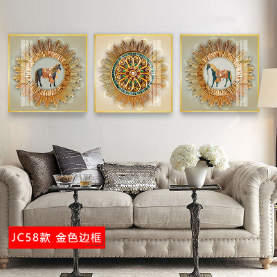 欧式挂画客厅沙发背景墙画简欧壁画简约 jc58(金色边框) 60*80cm三联套装(建议3-4米沙发)铝合金框+水晶烤瓷