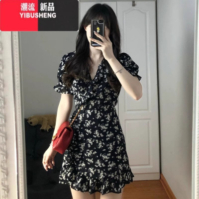 YIBUSHENG法式v领碎花连衣裙2024新款季小个子赫本黑色显瘦仙女鱼尾短裙
