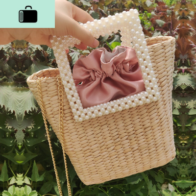 ZA新款蒲编包珍珠把手海边沙滩度假包单肩斜挎手提编织女包NEW LAKE 米白色女斜挎包