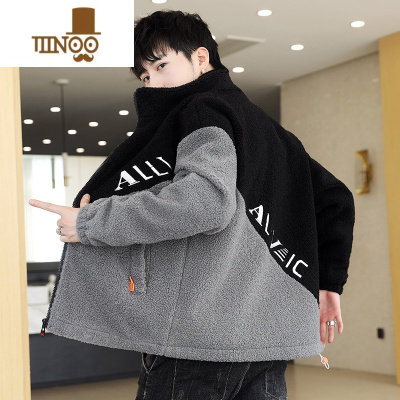 YANXU拼色棉衣男士韩版潮流休闲加绒上衣服摇粒绒潮牌羔绒外套