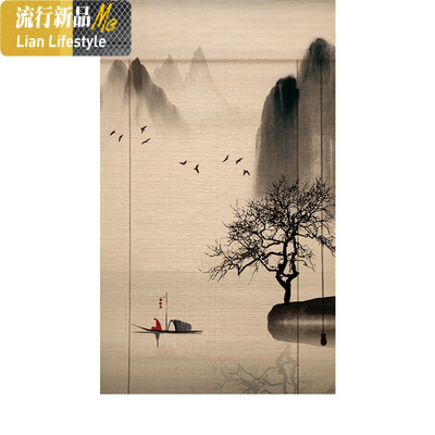 印花竹帘卷帘定制图案中式禅意隔断帘帘茶室阳台室外遮阳帘窗帘 三维工匠