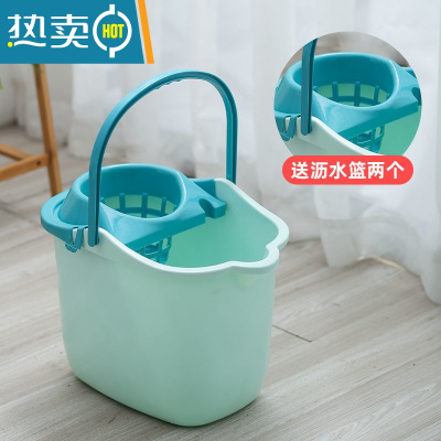 敬平家用加厚带轮子拖地拖把桶塑料旋转拧水墩布单桶手动挤水桶地拖桶 [加厚]荧光绿 (送2个备用篮)