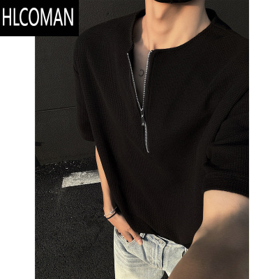 HLCOMAN华夫格半拉链t恤男短袖夏季潮流痞帅男装夏款美式亨利衫半袖体恤