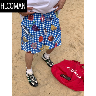 HLCOMAN美式复古休闲小众蓝色格子水果满印短裤男女夏季宽松沙滩裤五分裤