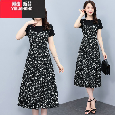 YIBUSHENG大码女装2024新款胖mm遮肚显瘦雪纺碎花蝴蝶结洋气假两件连衣裙
