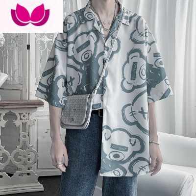 七斓夏季套装男韩版学生宽松短袖衬衫潮牌帅气一套搭配男装休闲三件套