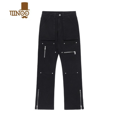 YANXU高街美式机能拉链铆钉设计感牛仔裤男女Vibe伐木工装直筒长裤子潮