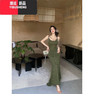 YIBUSHENG复古破洞性感针织吊带连衣裙女季修身小众包臀裙纯欲收腰长裙子