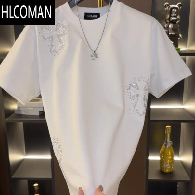HLCOMAN2025夏季新款短袖男士时尚高品质烫钻T恤青年潮牌半袖圆领修身t恤