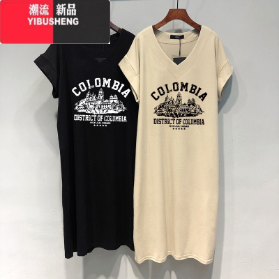 YIBUSHENG大码女装V领连衣裙季中长款过膝短袖t恤裙子慵懒风显瘦长裙