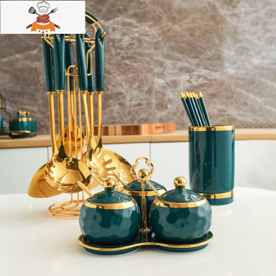 轻奢锅铲不锈钢家用厨房用品铲勺套装厨具全套烹饪炒菜铲子漏勺 敬平 绿金三件套B款[不包含筷子]