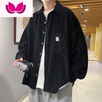 七斓日系复古灯芯绒衬衫外套男2023秋季宽松休闲学生贴标衬衣