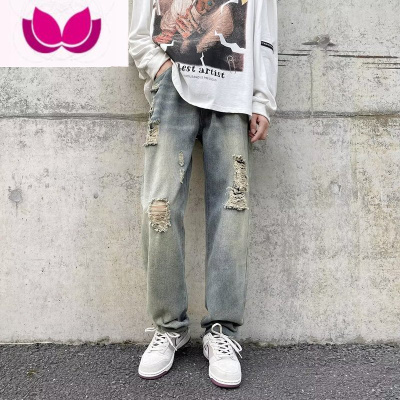 七斓美式复古vibe高街黄泥染做旧水洗牛仔裤男休闲百搭宽松直筒破洞裤