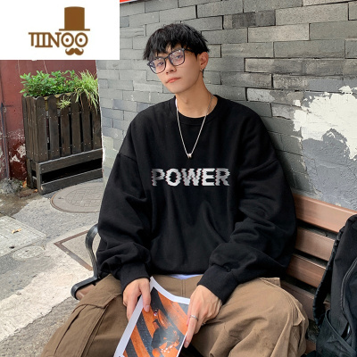 YANXU圆领卫衣男国潮字母印花长袖宽松oversize深棕色痞帅炸街外套