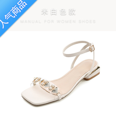 SUNTEK2023夏季粗跟仙女凉鞋新款方头小众设计透明一字带百搭低跟罗马鞋