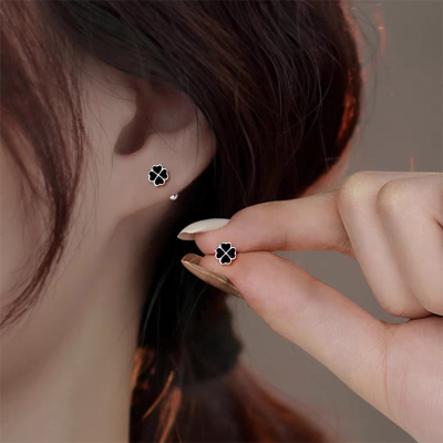 s925纯银针滴釉黑色四叶草耳钉女轻奢小众设计感气质拧扣耳环耳饰送女朋友老婆情人节七夕生日礼物