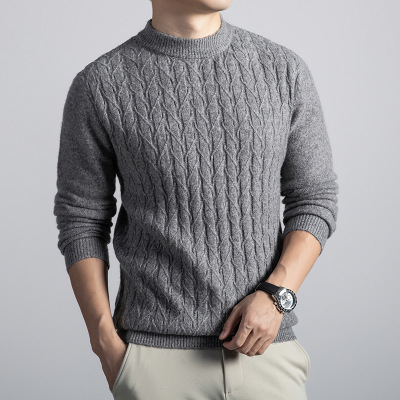 含羊毛老钱风毛衣男秋冬新款绞花半高领保暖男士羊毛衫