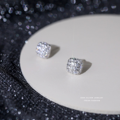 S999纯银方糖满天星耳钉女编织感耳环网红气质轻奢时尚锆石耳饰送女朋友老婆情人节七夕生日礼物