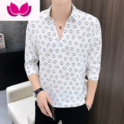 七斓翻领短袖t恤男夏季薄款冰丝条纹衬衫领七分五分中袖V领潮流上衣服