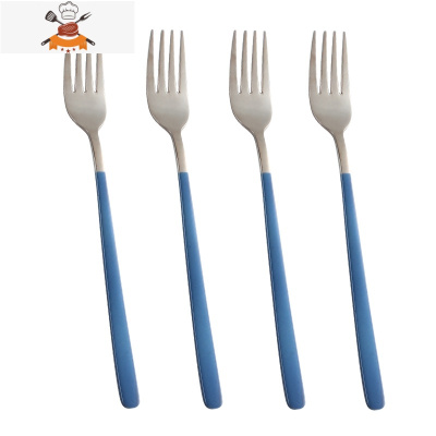 创意不锈钢勺子成人可爱网红汤勺家用厨房调羹长柄式汤匙 敬平 4支叉仔 蓝色