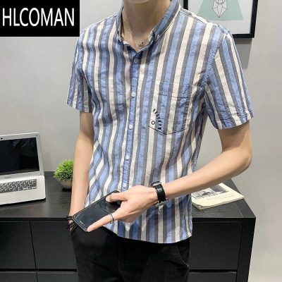 HLCOMAN条纹衬衫男士短袖潮流休闲衬衣夏季男装半袖修身百搭口袋