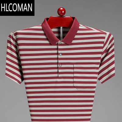 HLCOMAN新款夏季棉t恤男宽松短袖口袋条纹中年爸爸高端名牌体恤翻领polo