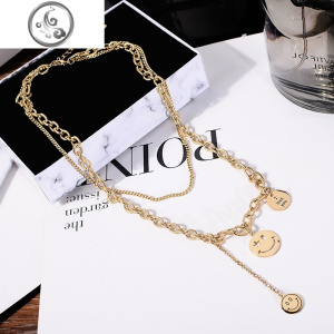 韩国个性叠戴双层笑脸项链女时尚网红潮中长款夸张钛钢锁骨毛衣链 JiMi K金色（钛钢）