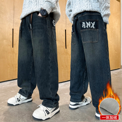 男童牛仔裤秋冬款新款儿童装冬季加绒厚一体绒裤子大童冬装潮