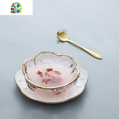 创意日式金边樱花玻璃碗 燕窝碗糖水银耳汤碗盅雪糕沙拉碗甜品碗 FENGHOU 金边粉碗+金圆碟送勺