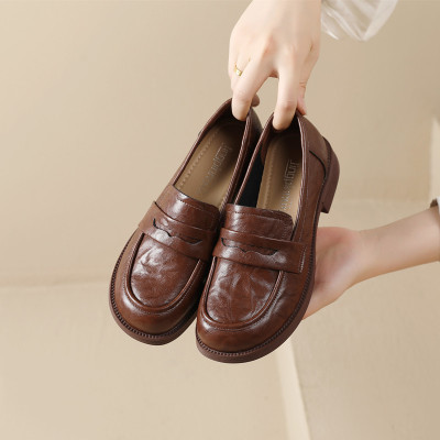 乐福鞋女24新款四季可穿单鞋平底压花头层牛皮一脚蹬英伦小皮鞋女