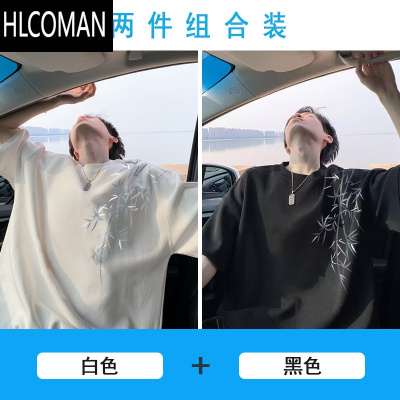 HLCOMAN新中式国风竹子短袖t恤男潮牌白色宽松大码高街半袖体恤