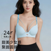 格纹无痕夏季无钢圈内衣女小胸聚拢防下垂收副乳一片式薄款文胸罩